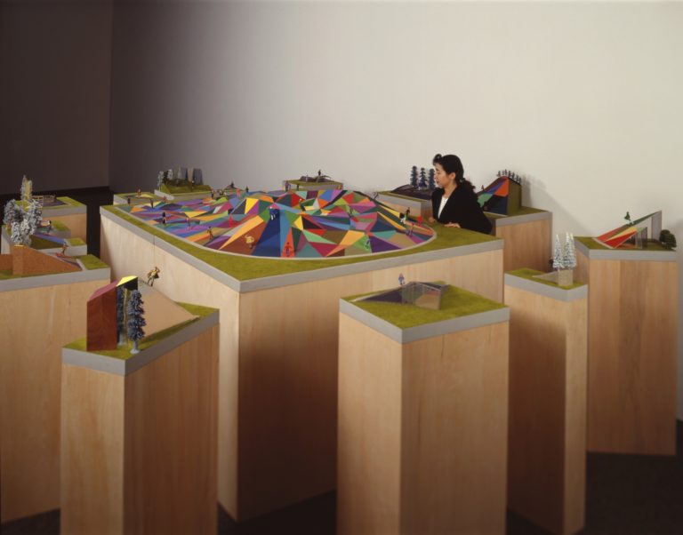 mixed media, center: 18" x 96" x 72"; 14 satellite pieces: 1" x 7" x 4" to 18" x 24" x 24", Estate of Madeline Gins